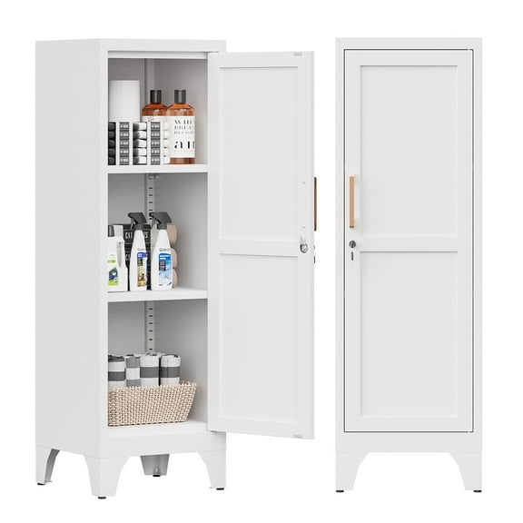 Metal Locker with Locking Door, 46" H Metal Storage Locker with 2 Adjustable Shelves, Small Locker Cabinets for Office Garage School Gym (1 Door, White)