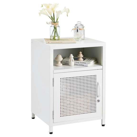 Metal Locker Nightstand with Locking Cabinet Door, Open Shelf, Stainless Steel Side Table for Bedroom, White