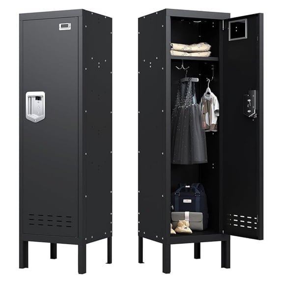 Metal Locker - School Office Gym Storage - 1 Door Lockable Steel Cabinet - 54" H x 15" W x 15" D - Black