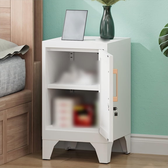 Metal Locker Small Storage Cabinet with Adjustable Shelf, Lockable End Table Nightstand for Bedroom, Secure Locking Cabinet for Home Office, White