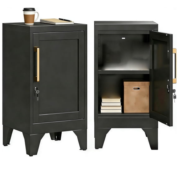 Metal Locker Small Storage Cabinet with Adjustable Shelf, Locking End Table, Nightstand Cabinets with Lock for Bedroom, Home Office, Black