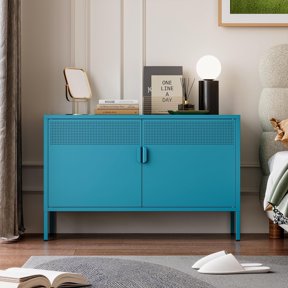 Elegant Metal Locker Storage Cabinet, 2 Door Metal Accent Cabinet,2 Tier Low Metal Cabinet with Doors and Shelf for Home and Office,Blue