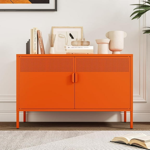 Elegant Metal Storage Cabinet, Accent Cabinet with 2 Doors and Shelves,Multipurpose 2 Tier Low Metal Locker StorageĀ for Home and Office,Orange