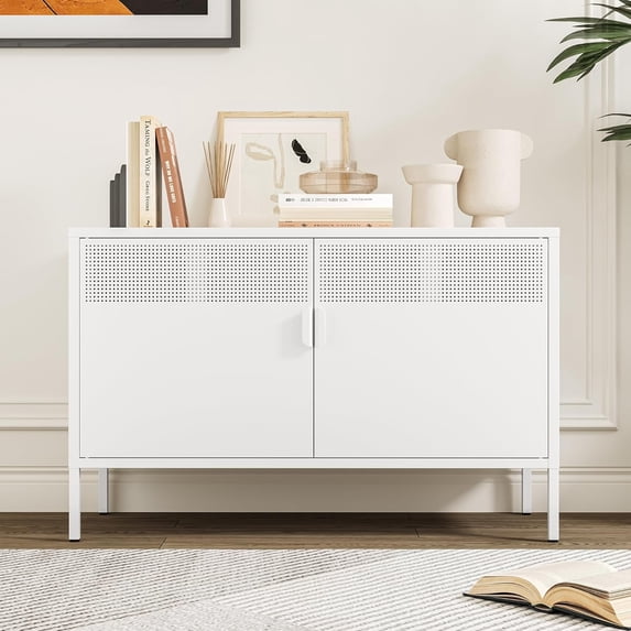 Elegant Metal Locker Storage Cabinet, 2 Door Metal Accent Cabinet,2 Tier Low Metal Cabinet with Doors and Shelf for Home and Office,White