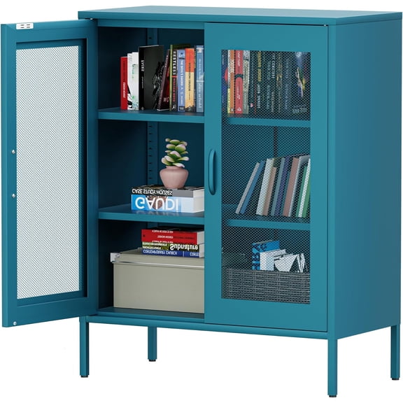 Metal Locker Storage Cabinet with 2 Mesh Doors and Adjustable Shelves,Blue Metal Locker Cabinets,Coffee Bar Cabinet,Kitchen Pantry Storage Cabinets for Home,Sideboard,Office(40" H)