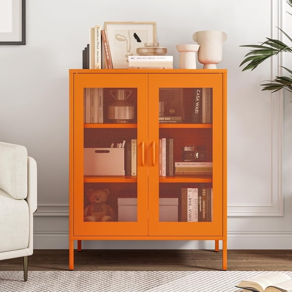 Elegant 40''H Metal Storage Cabinet with Mesh Doors,Steel Display Cabinet with Adjustable Shelves,Metal Office Storage Locker for Home Office,Orange
