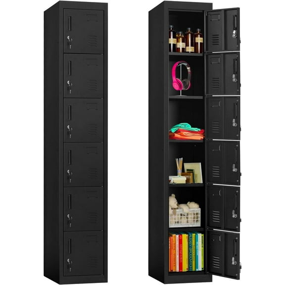 Metal Locker Storage Cabinet with 6 Lockable Door for School, Gym, Home, Office, Black