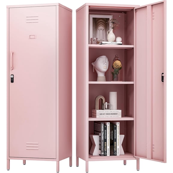 Metal Locker Storage Cabinets,59" H Pink Locking File Cabinets with 2 Doors and Shelves for Dining Room, Living Room,Bathroom Office,Home,Garage, Gym, School