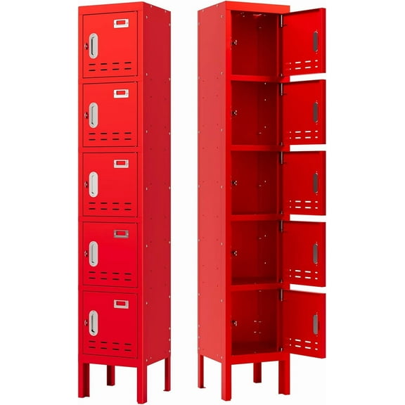 Metal Locker with 5 Doors, 66" Lockers for Employees Steel Storage Locker, Lockable Locker Cabinet for School, Gym, Home Office and Garage(Red)