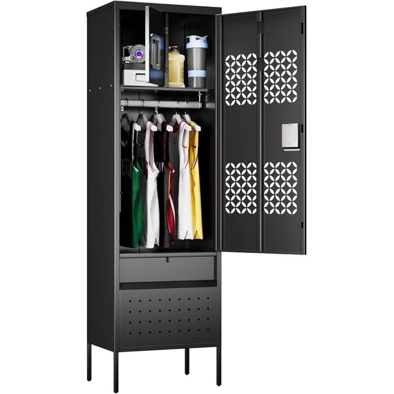 Metal Locker with Hanging Rod, Interior Storage Box and Ventilation Grille, for Gym or Utility Room, Black