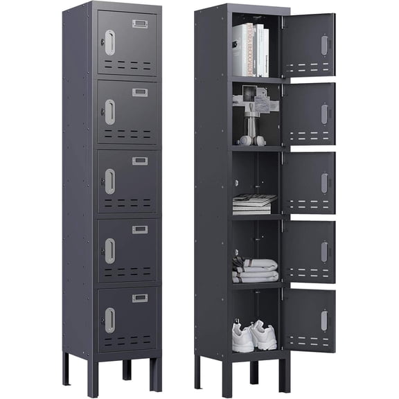 Metal Lockers - 66" Height Steel Locker with 5 Doors, Ventilated Compartments, Card Slots, Powder-Coated Finish - Assembly Required