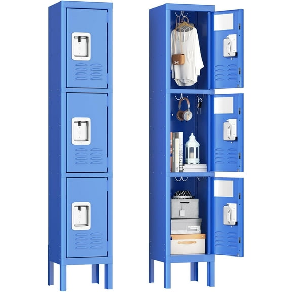 Metal Lockers for Employees, 3-Tier Storage Locker, Steel Locker Cabinet for School, Home, Gym, Office, Garage with Mirrors, Screwdriver, Gloves, Hooks, Unassembled