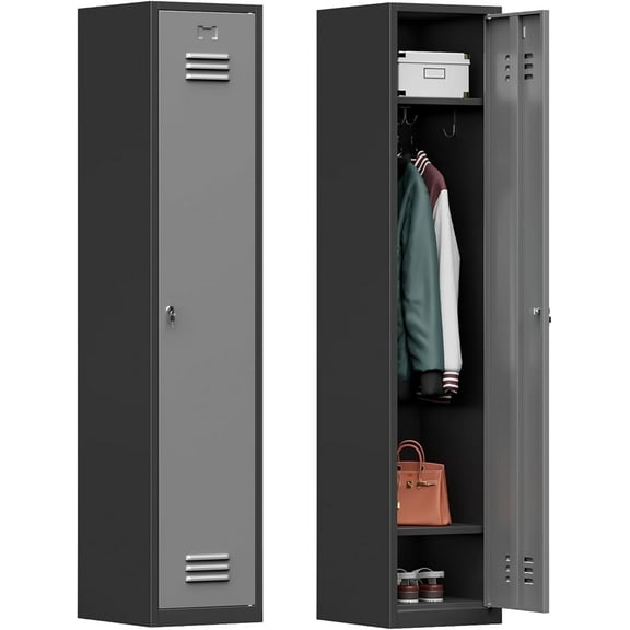 Metal Lockers for Employees,71"Metal Storage Cabinet with Lock,1 Door Steel Storage Locker Cabinet for Home,Gym,School, Office,Garage-Assembly Required(Black Gray)