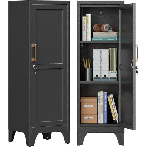 Kitchen Pantry Cabinet,Pantry Storage Cabinet with Lock and Adjustable Shelves, Metal Food Pantry Cabinets with Handle,3 Tier Metal Storage Cabinets for Home/Kitchen/Laundry-Assembly Required(Black)