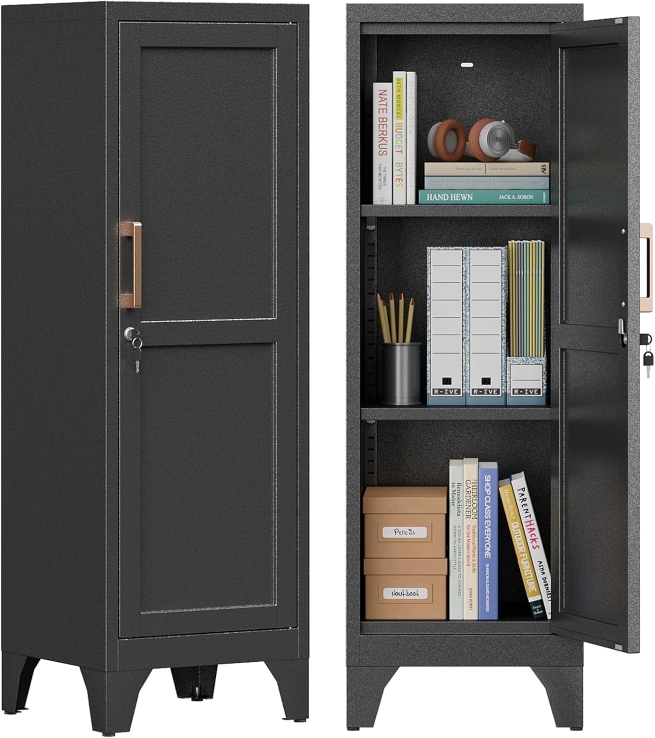 Kitchen Pantry Cabinet,Pantry Storage Cabinet with Lock and Adjustable Shelves, Metal Food Pantry Cabinets with Handle,3 Tier Metal Storage Cabinets for Home/Kitchen/Laundry-Assembly Required(Black)