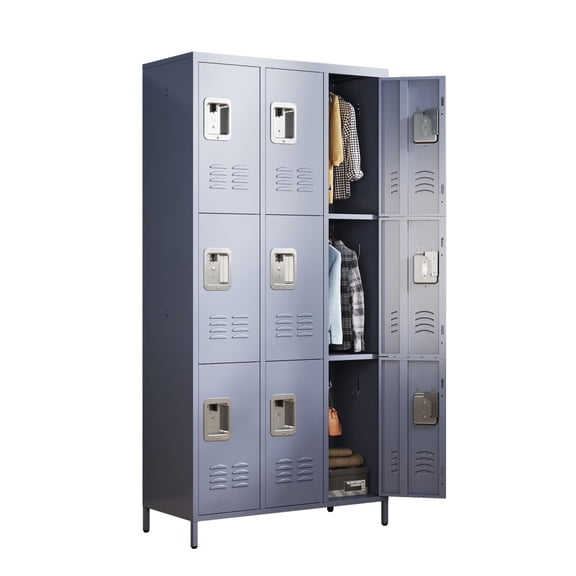9-Door Metal Locker with Lock – Heavy Duty 72"H Storage Cabinet for Employees, Office, School, Gym, Gray