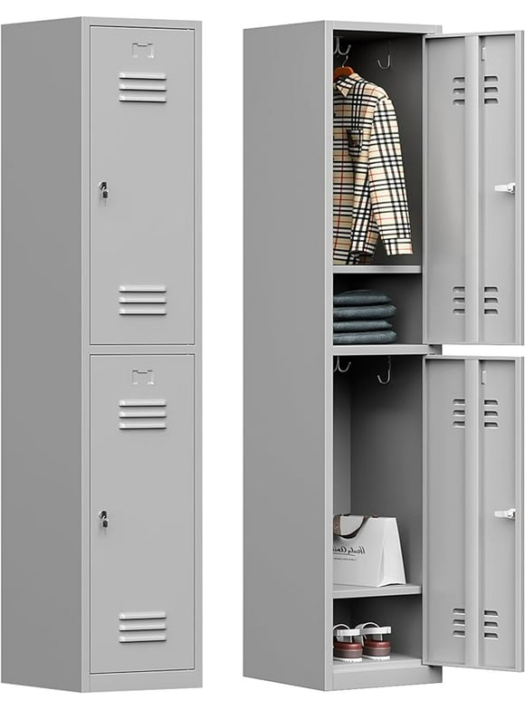 Metal Lockers for Employees, 71" Metal Storage Locker with Keys, Tall Steel Storage Locker for Gym, School, Office (2 Door, Gray)