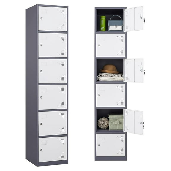 Metal Lockers for Employees, 71" Steel Storage Cabinet - 6 Door Lockable for Office, School, Gym, Home - Grey & White