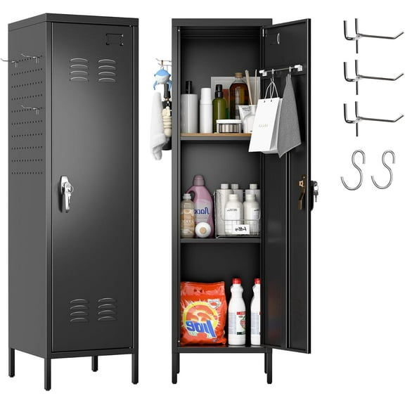 Metal Lockers for Employees with Handle,Metal Storage Locker with 2 Pegboard & 5 Hooks for Gym, School, Office,Home,Garage,Black