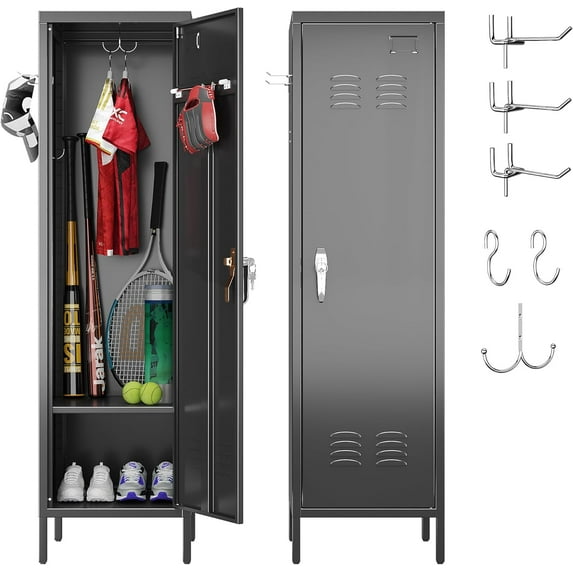 Metal Lockers with Handle and 2 Pegboard for Home,Gym, School, Office,Garage,Black,15" D x 15" W x 54.45" H,Required Assembly