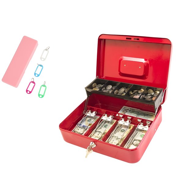 Metal Locking Cash Storage Box with Secure Lock & Removable Money Tray, Safe Money Security Container for Cash Register, Business, Retail & Office Cash Storage Use