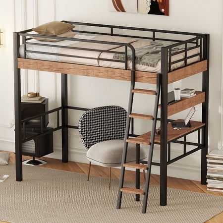 Metal Loft Bed with Built-in MDF Desk, Storage Shelf and Ladder, Metal Loft Bed Frame with Ladder & Safety Guardrail, Versatile High Loft Bed with Space Saving Design for Teens Adults