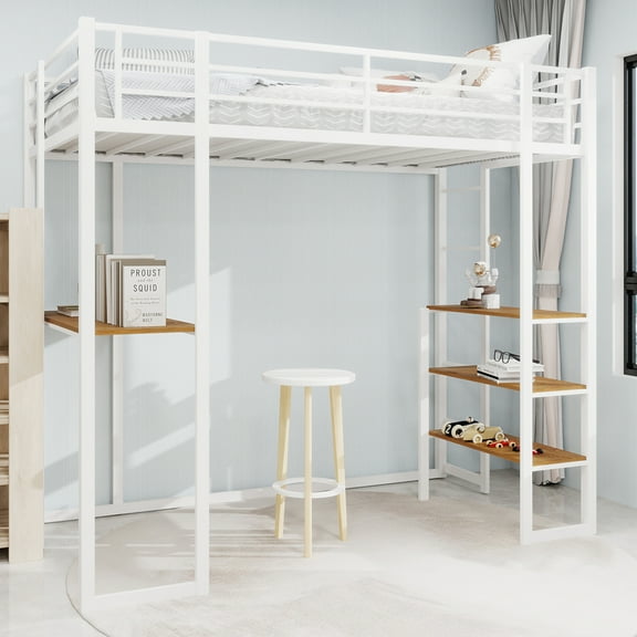 Metal Loft Bed with Desk, Space-Saving Metal Bunk Bed with Dual Stairs & Safety Railings, Multi-Functional Home Office Furniture for Small Spaces, Bedroom & Studio, White