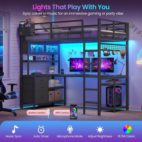Metal Loft Bed Frame Twin Size with LED Lights, Charging Stations, Glass Cabinet & Hutch, Loft Twin Bed with L-Shaped Gaming Desk & 3 Drawers & Ladder, Large Loft Beds for Teens, Black