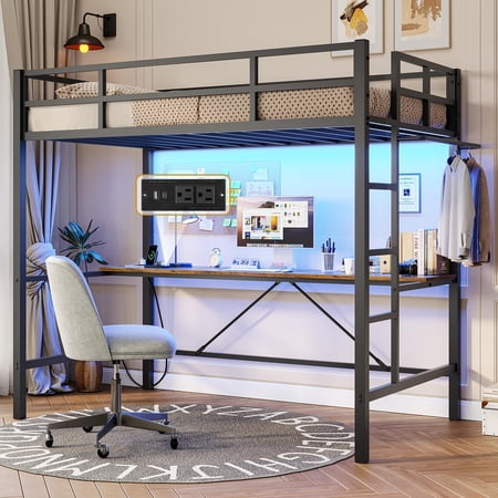 Metal Loft Bed Frame Twin Size Loft Bed Frame with Desk&Charging Station&Led Lights&Clothes Rail, Safety Guard & Ladder, Black