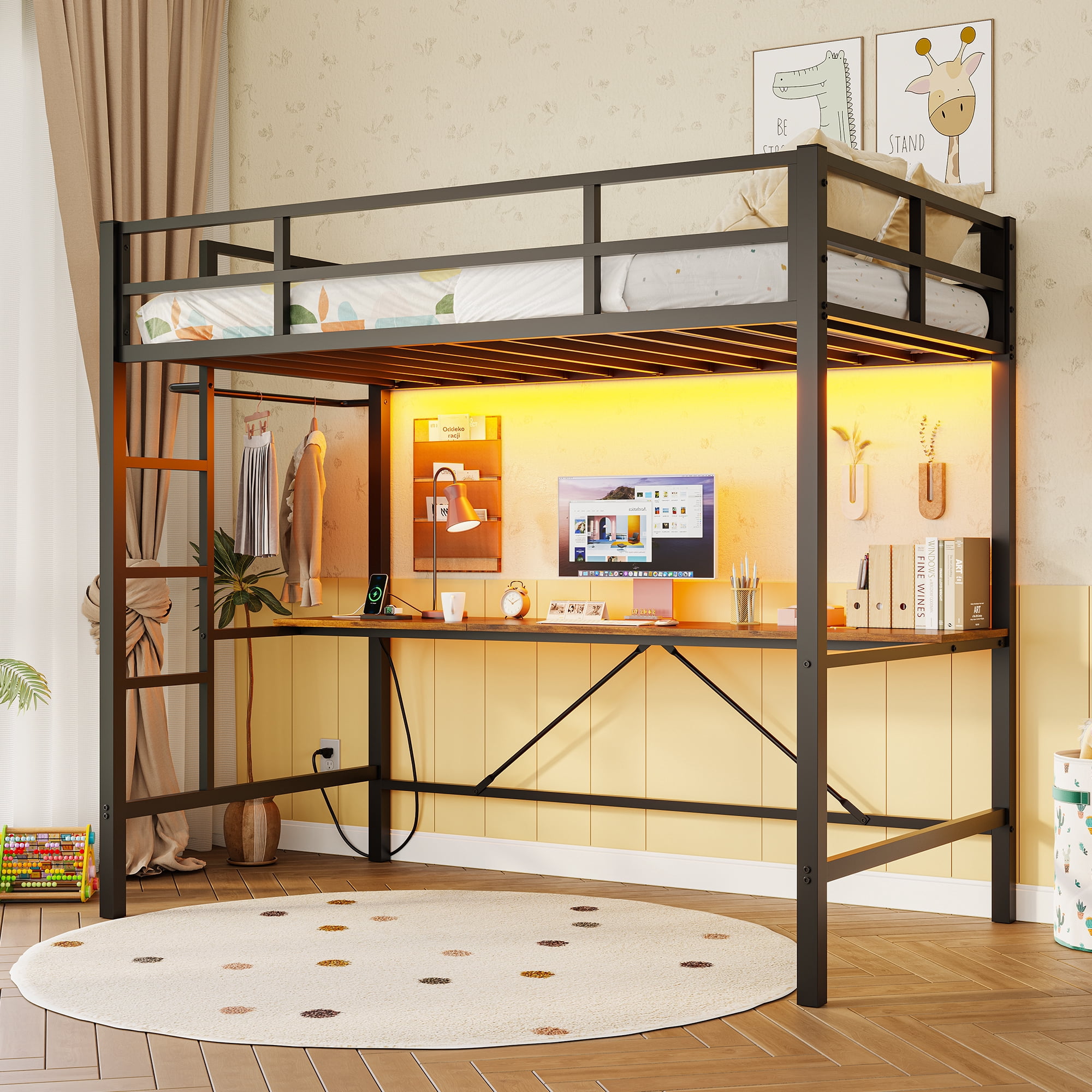 Metal Loft Bed Frame Twin Size Loft Bed Frame with Desk&Charging ...