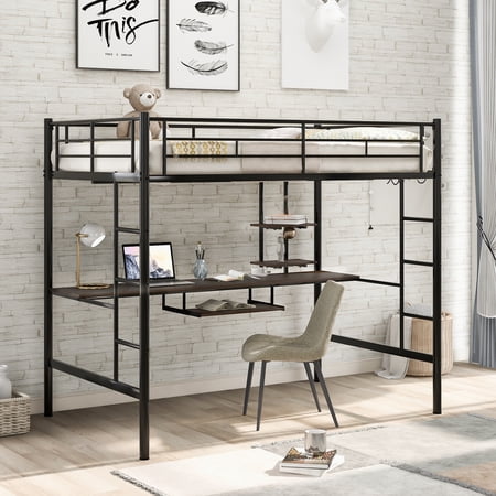 Metal Loft Bed Full, Heavy Duty Metal Full Loft Bed with Shelf and Desk, Full Bed Frame for Bedroom/Dormitory, No Box Spring Needed (Black, Full Bunk Bed)