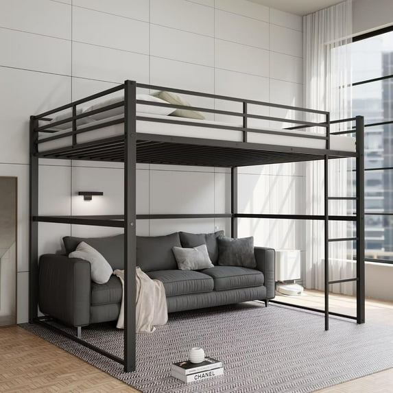 Metal Loft Bed Full Size, Heavy Duty Loft Bed Frame with Safety Guard Rails & Flat Ladder, Space-Saving Design & Noise-Free, for Bedroom, Dorm, Apartment (Black, Full)