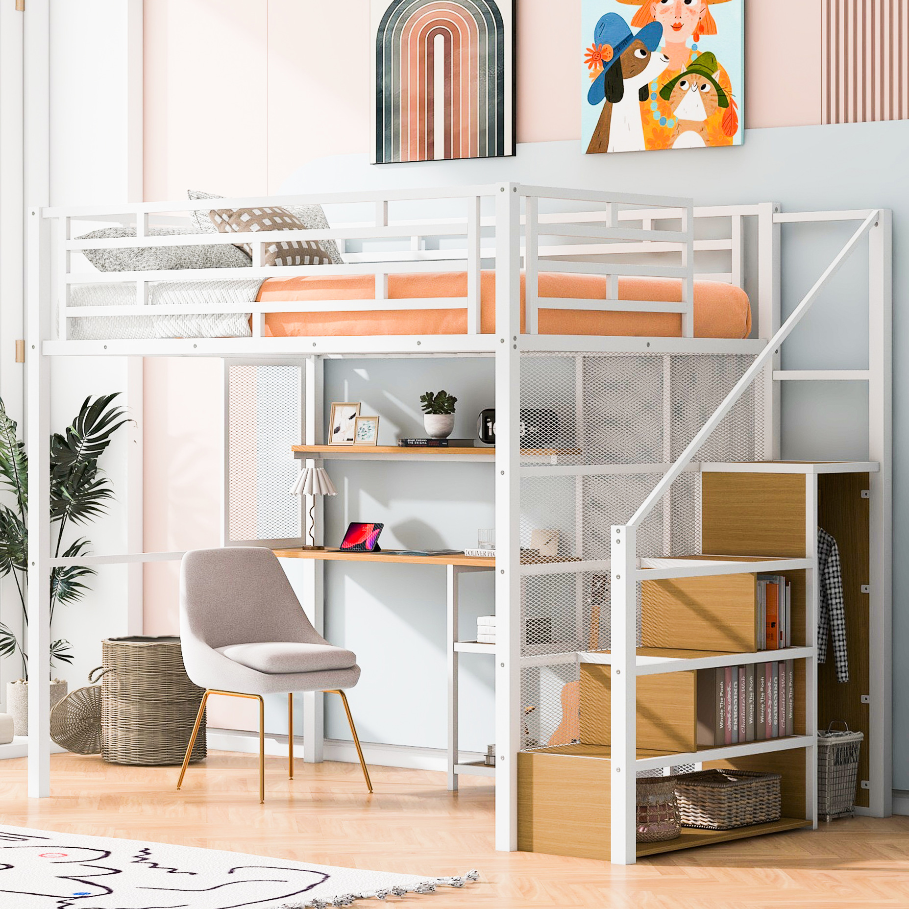 Picture of Metal Loft Bed Full Size In White With Wardrobe, Desk, And Solid ...