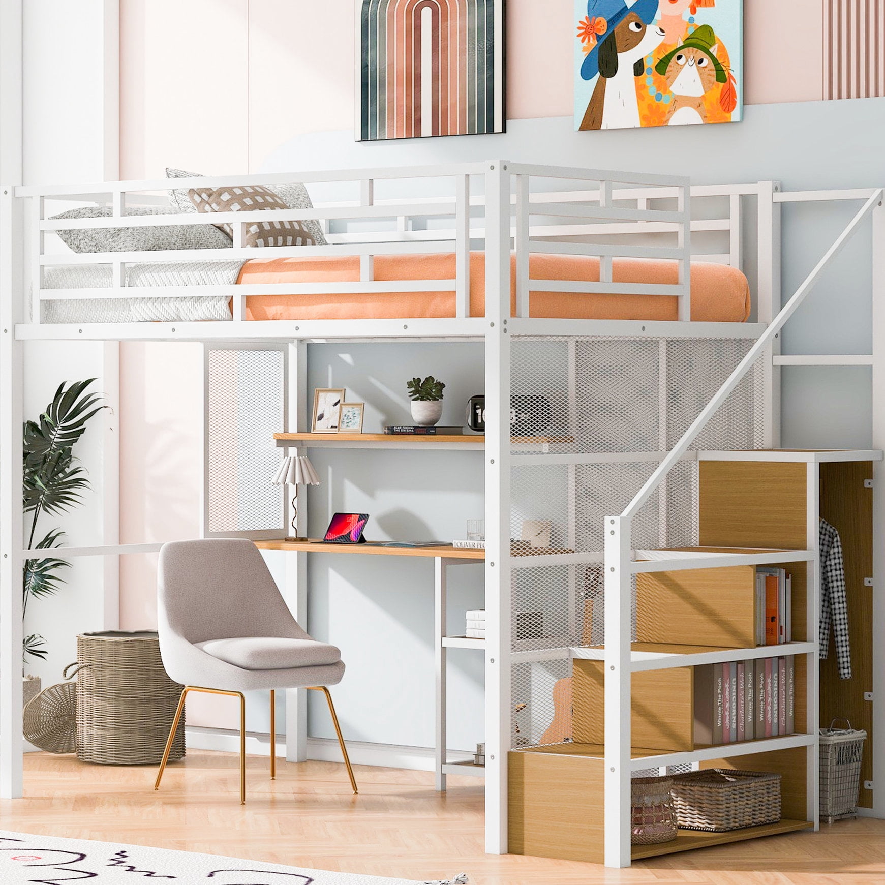 Metal Loft Bed Full Size With Wardrobe, Desk, And Resilient Storage ...