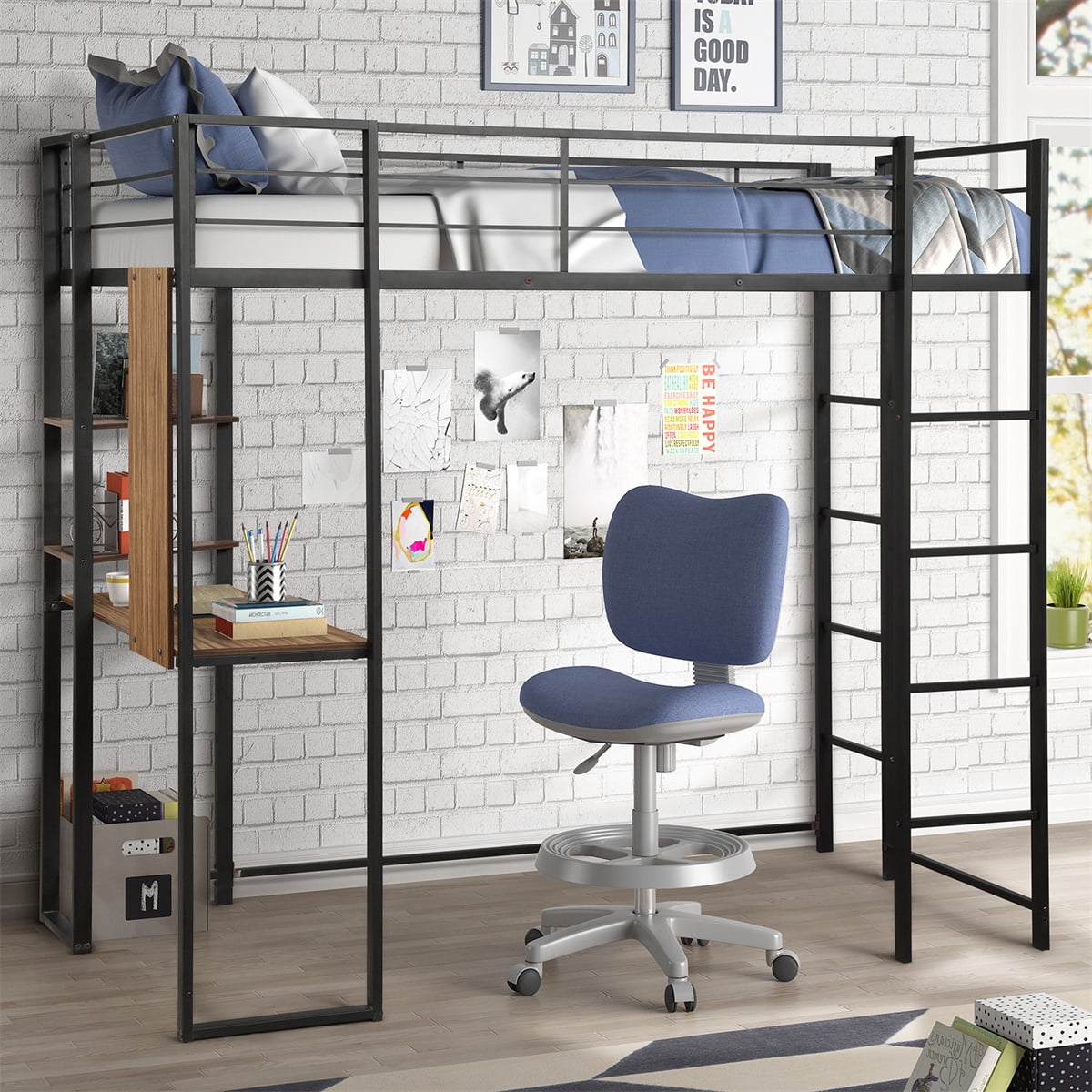 Metal Loft Bed for Kids, Teens and Adults, Space Saver Twin Size Loft ...