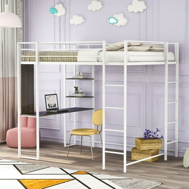 Metal Loft Bed for Kids, Teens and Adults, Space Saver Twin Size Loft Bed Frame with Desk and Shelves, Two Build-in Ladders and Guardrails, Bedroom Dormitory Furniture, White
