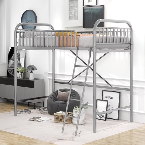 Metal Loft Bed for Kids, Twin Bed Frame with Inclined Ladder and Full-length Safety Rails, High Playhouse Beds with Large Under Bed Space and Sturdy Slats Support, No Box Spring Needed, Silver