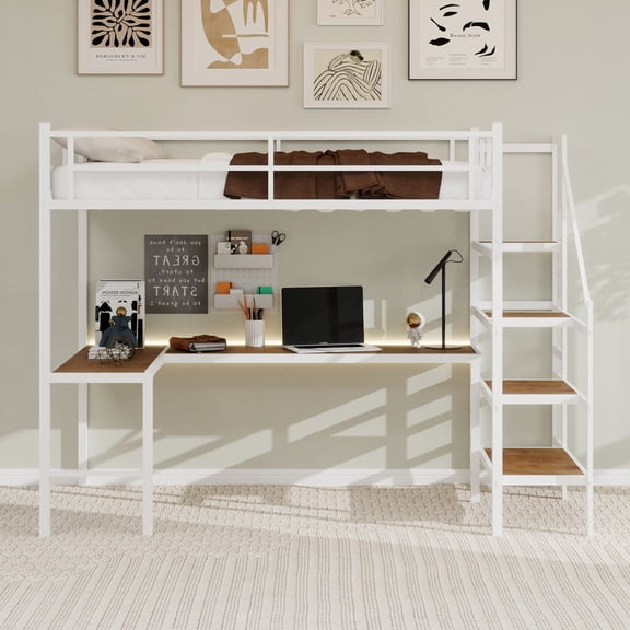 Metal Loft Bed with L-Shaped Desk & Stairs, 360° Continuous Guardrail, Thick Iron Bed Frame with Storage Compartments, Noise-Free No Elephant Springs, Space-Saving Bunk Bed for Bedroom Small Room