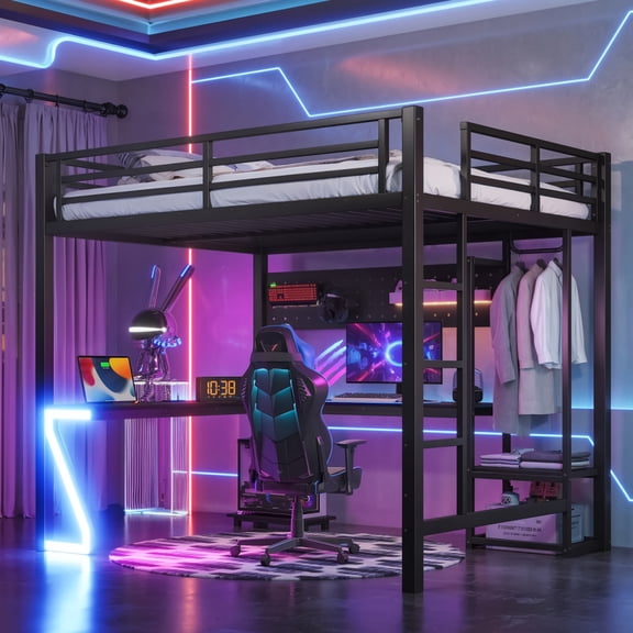 Metal Loft Bed with L-Shaped Desk and USB Charging Ports, Heavy-Duty Gaming Loft Bed Frame with LED Z-Shaped Lights, Pegboard, Clothes Hanging Rack & Ladder, Space-Saving Workstation
