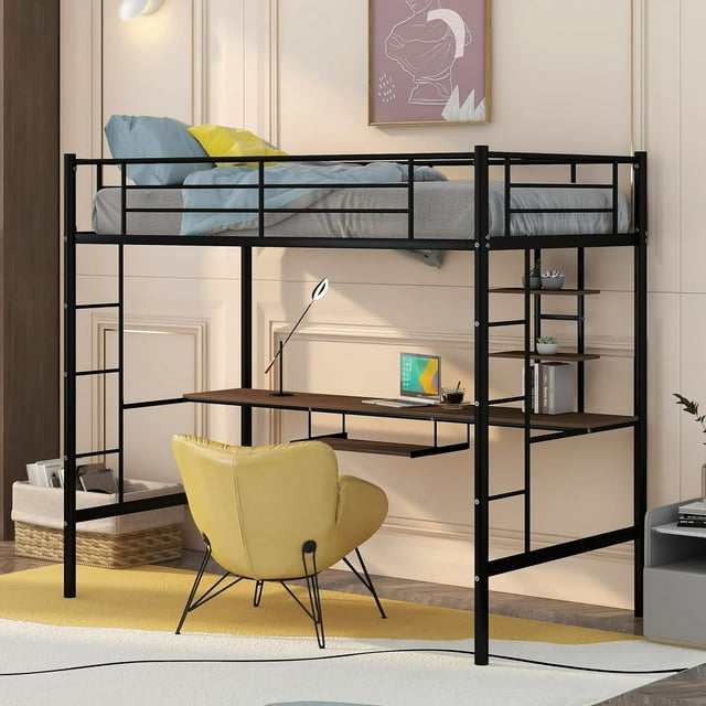 Metal Loft Bed Size With Desk, Loft Bed FullLength Guardrail, No Box