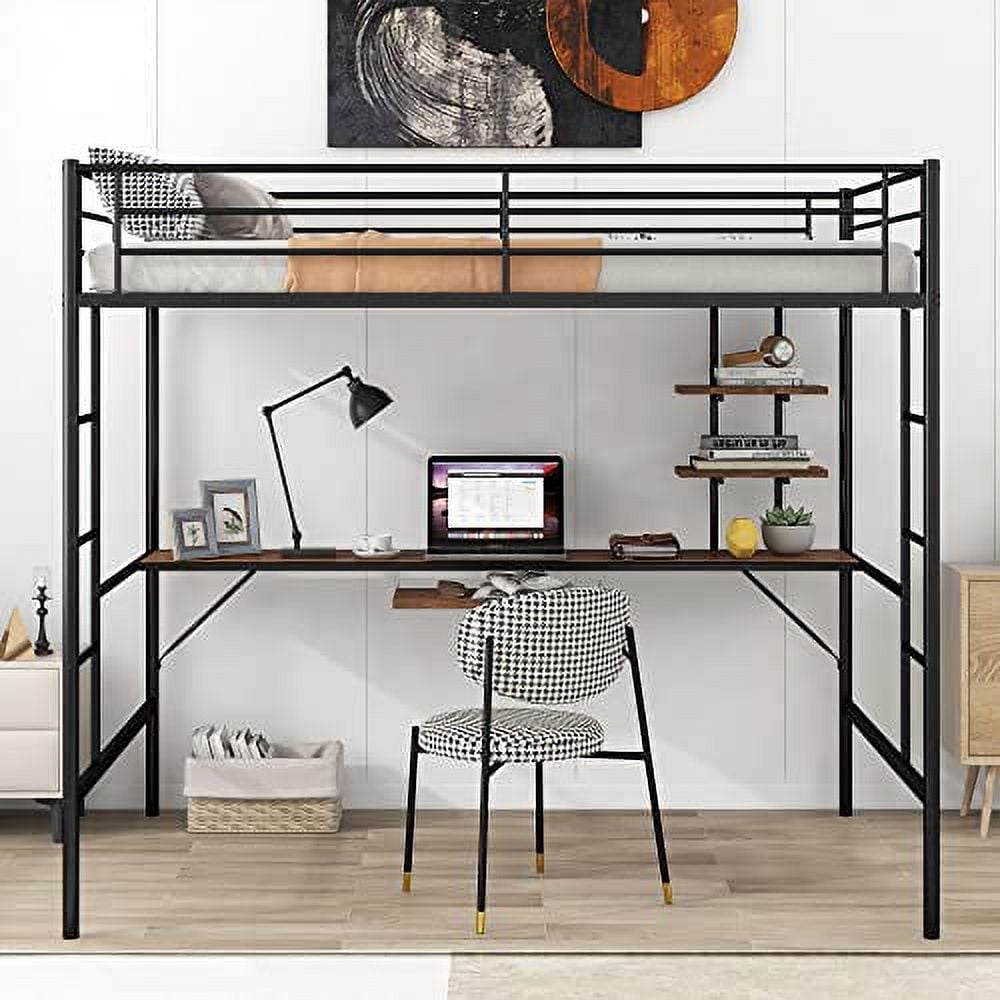 Metal Loft Bed, SpaceSaving Full Size Loft Bed With 2 Shelves And 1