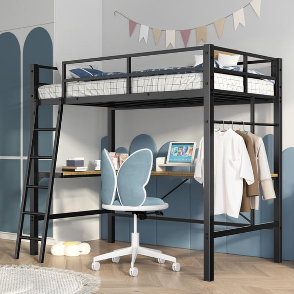 Metal Loft Bed, Twin Loft Bed, Loft Bed with Deskwith L-Shaped Study Desk and Charging Station, Safety Guardrail and Ladder for Bedroom, Antique Black, 77.48 Inch
