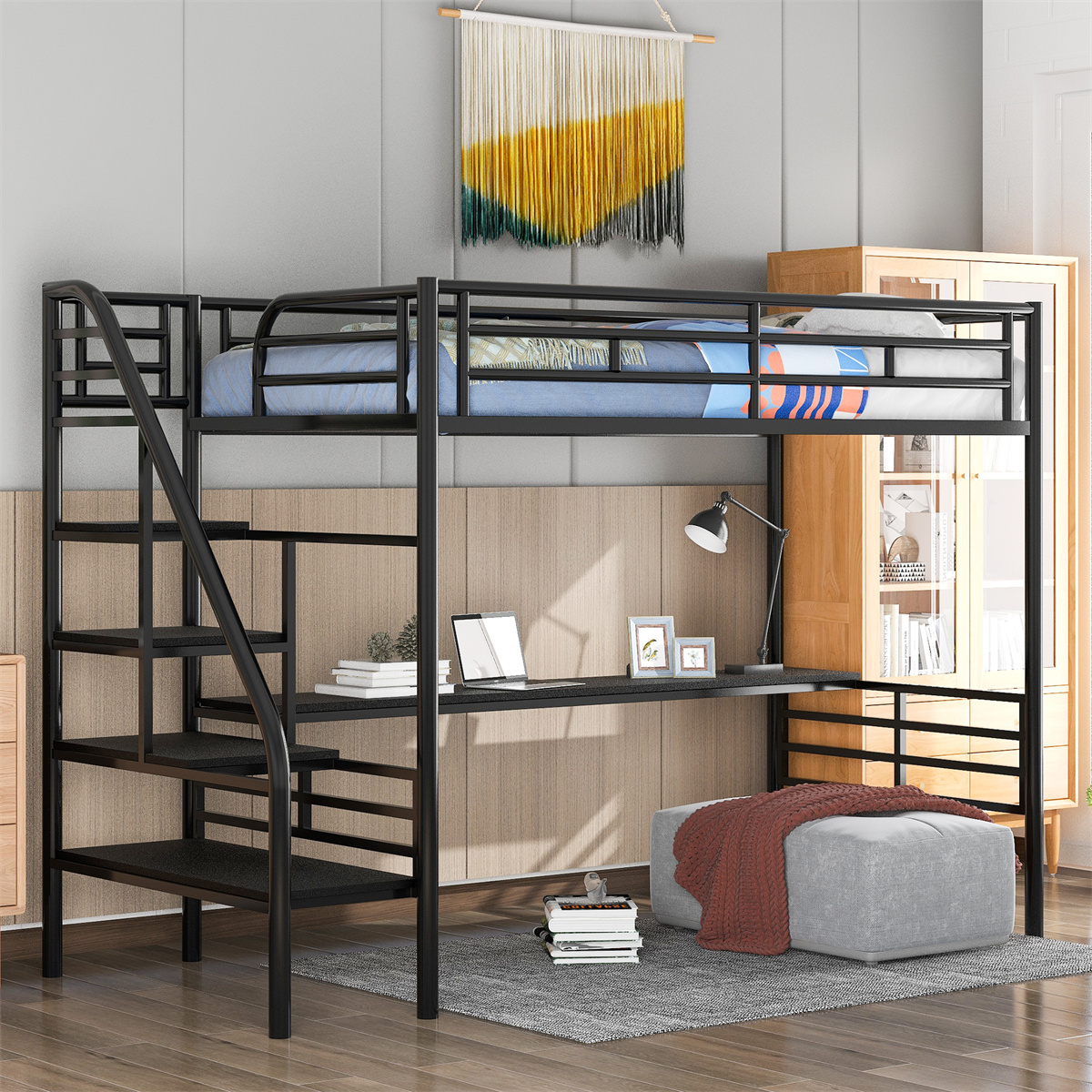 Metal Loft Bed, Twin Size Loft Bed Frame with Desk for Kids Teens Boys Girls, Noise Free Loft Bed with Stairs and Safety Guardrail for Bedroom, Space-Saving Design, No Box Spring Needed, Black - image 1 of 7
