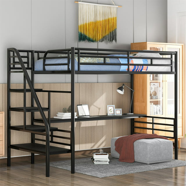 Metal Loft Bed, Twin Size Loft Bed Frame with Desk for Kids Teens Boys Girls, Noise Free Loft Bed with Stairs and Safety Guardrail for Bedroom, Space-Saving Design, No Box Spring Needed, Black