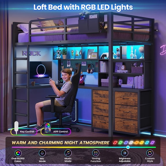 Metal Loft Bed Twin Size with Desk, 6 Storage Drawers and Bookshelf, Loft Twin Bed Frame with USB Charging Station, LED Lights, Storage Shelf, Full-Length Guardrail & Ladder, Black