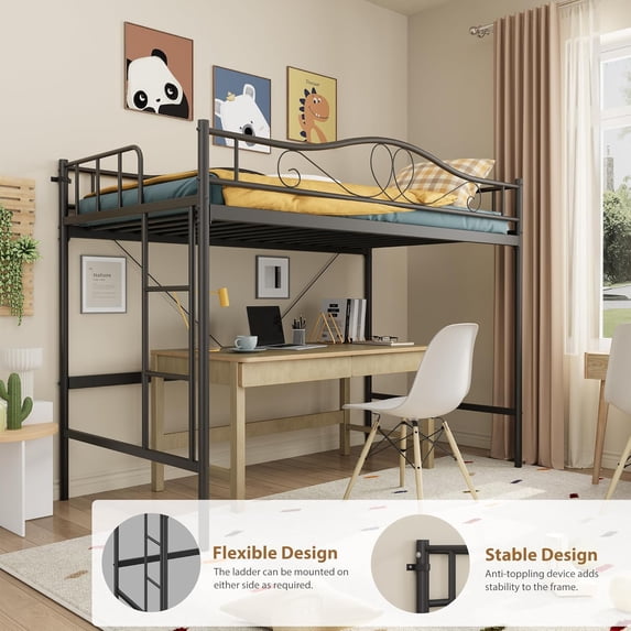 Metal Loft Bed Twin Size,Heavy Duty Bedframe with Removable Ladder and Safety Guardrail,Space-Saving, Noise Free, No Box Spring Needed,400 Lbs Weight Capacity