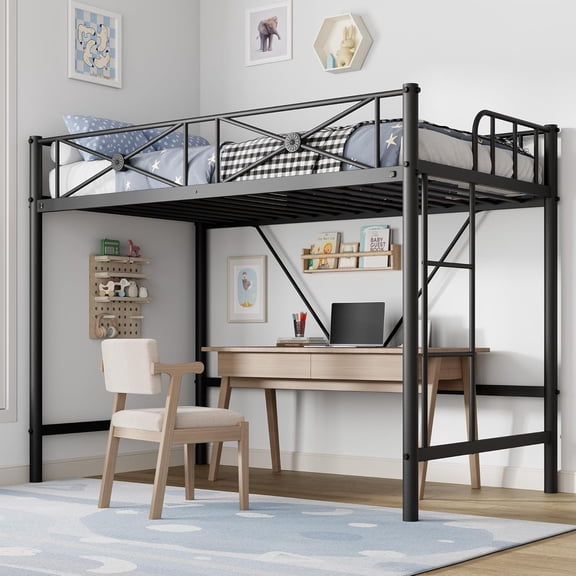 Metal Loft Bed Twin Size, Industrial Loftbeds Heavy Duty Bed with Safety Guard Rails and Space-Saving Design, Steel Bed for School, Bedroom, Black