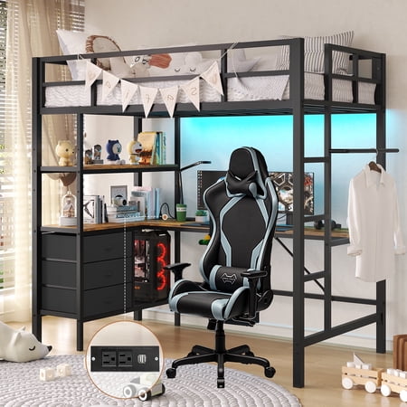 Metal Loft Bed Twin Size with L-Shaped Desk and 3 Fabric Drawers, LED Loft Bed Frame with LED Lights and Charging Station, Safety Guard & Ladder & 3 Storage Shelves, Black
