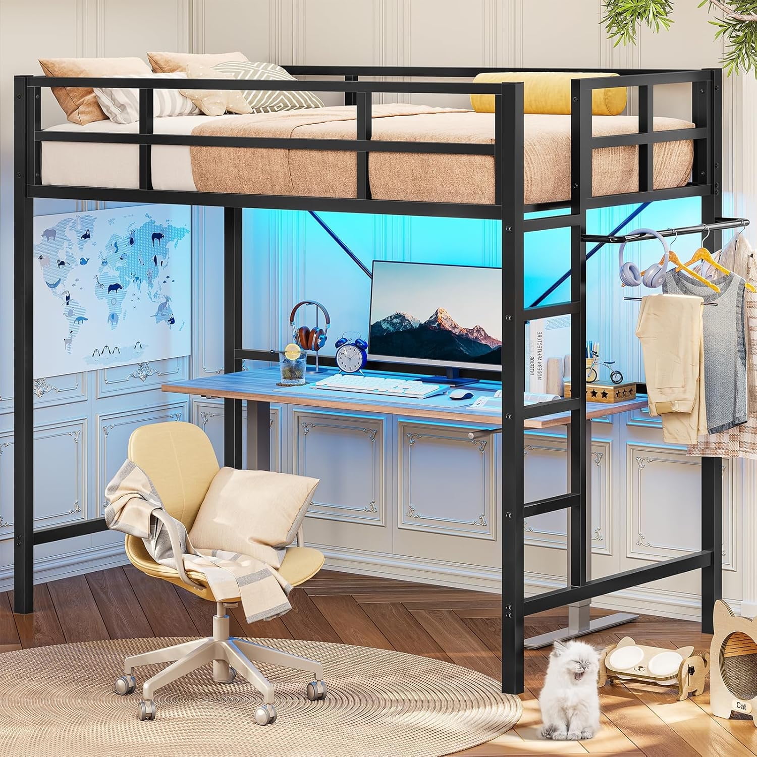 Metal Loft Bed Twin Size with Stairs & LED Lights for Kids, Heavy Duty