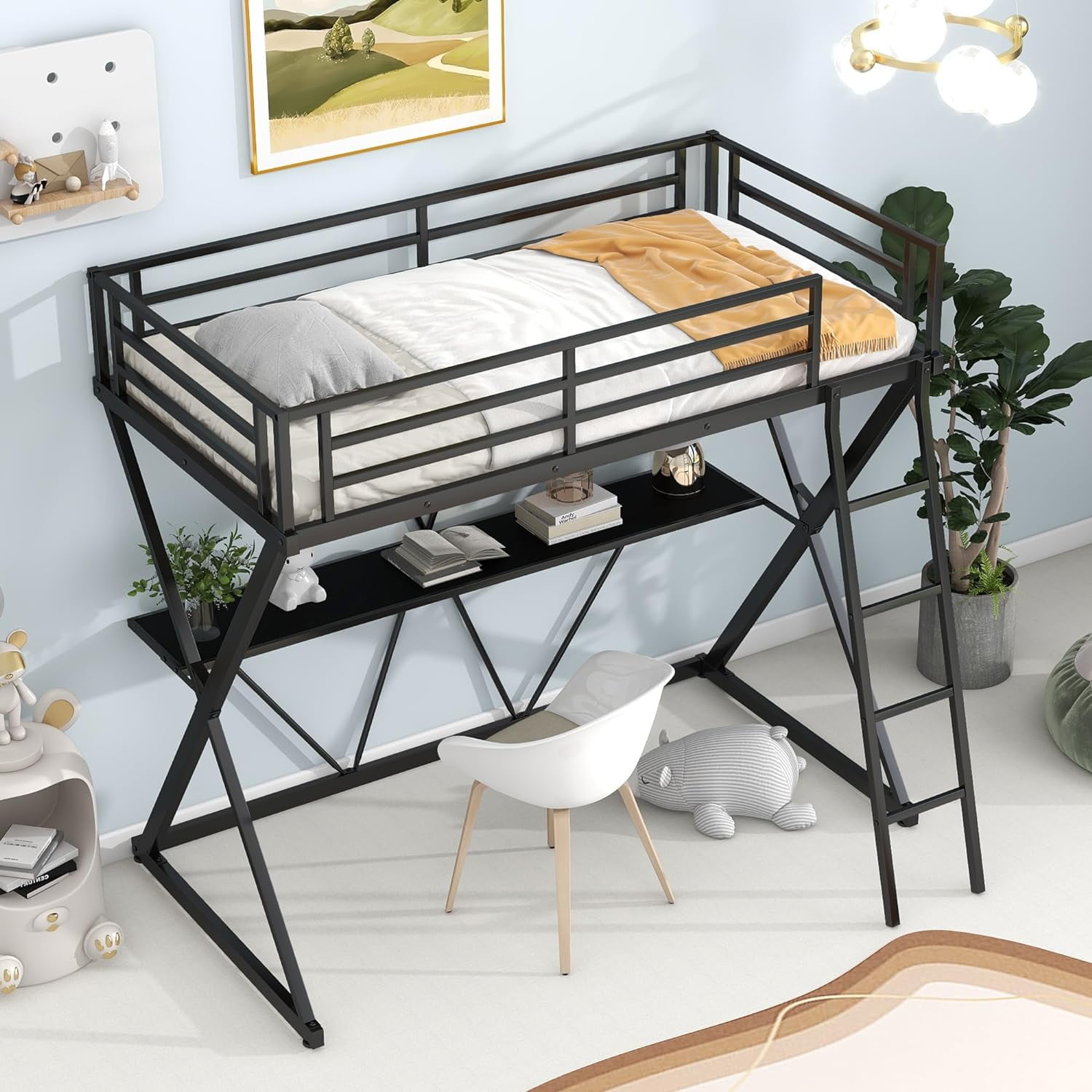 Metal Loft Bed With Desk, Modern Style HeavyDuty Steel Frame Loft Bed